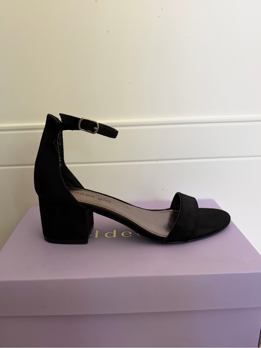 Madden Girl Black Suede Ankle-Strap Block Heel Sandals